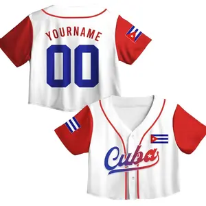 Custom Cuba Flag Baseball Jersey Crop Top – Personalized Name & Number, White Red Sleeve Custom Fan Jersey for Women, for Cuban Lover