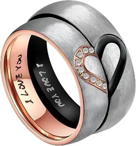 His & Hers Real Love Heart Promise Ring Stainless Steel Couples Wedding Engagement Bands Top Ring, 6mm