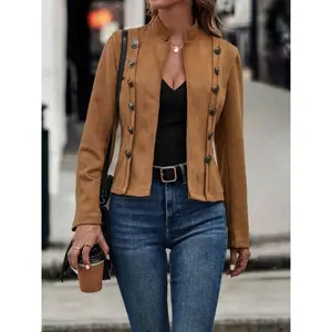 Women’s solid-color suede jacket with two buttons, autumn–winter casual long-sleeve outerwear with a stand collar, women’s everyday wear GARMENTARY