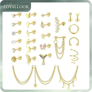 LOYALLOOK 27Pcs Flat Back Earrings Hypoallergenic Surgical Steel Stud Earring Stacks Set Dainty Chain Dangle Cartilage Tragus Daith Helix Piercing Jewelry for Women Men Trendy 16G