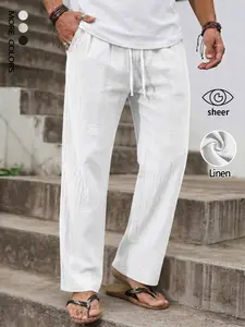 Men's Casual Loose Baggy Lightweight Linen Pants Solid Color Loose Fit Elastic Drawstring Waist Straight Legs Bottoms Summer Breathable and Soft Yoga Beach Long Pants with Pockets Wedding Partise Vacation Daily Going Out Dating Club Lounge Wear