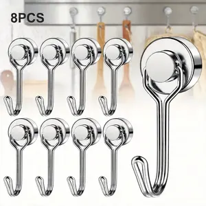 8-Pack Heavy-Duty Stainless Steel Magnetic Hooks, No-Drill Adhesive Mount Hangable Organiser with No-Trace Hanging, Solid Wood Flip-Top Lockable Design for Bathroom/Kitchen Storage, Weatherproof for Outdoor Use