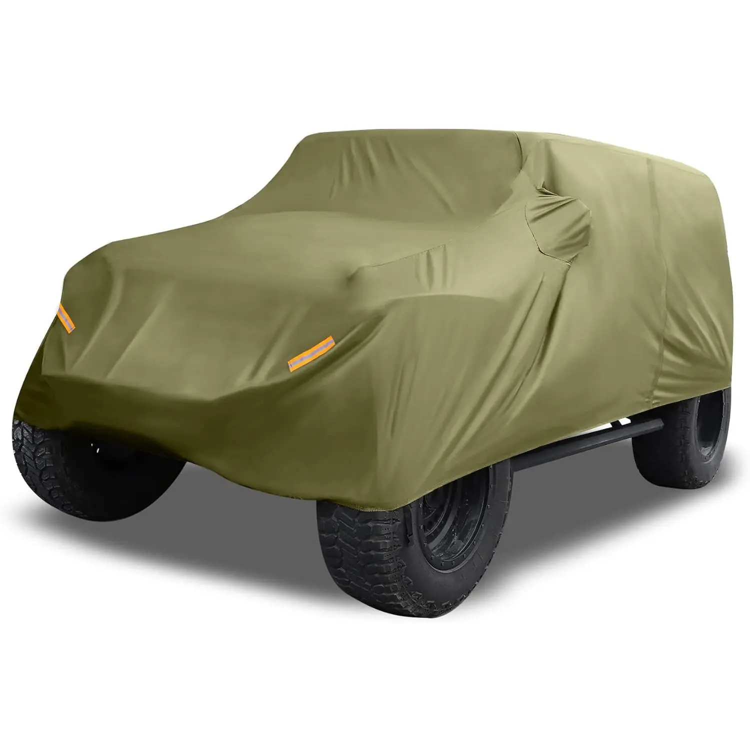 Vehicle-Specific Fit Car Cover for Jeep Wrangler JK-JL 2-Door (2007-2021), 210D Oxford Cloth Dark Green, Outdoor All-Weather Winter Snowproofing Protection, 440x190x150cm, Fluorescent Orange Reflective Bars, Elasticized Hem, Waterproof Bag