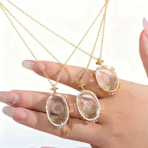 Vintage TAROT Necklace with Transparent Crystal Patterns of Sun and Moon 18K Color - Preserving Delicate Sweater Chain