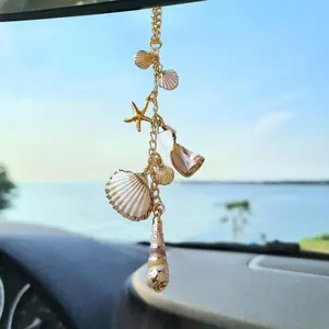 1Pc Sea Shells Car Decor,Cute Coastal Hanging Charm for Rear View Mirror, Boho Beach Themed Car Accessories,Hand-Made Starfish Conchas Aesthetic Ornament Pendant for Women, Car Interior Accessory