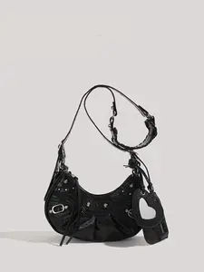 Women's Motorcycle Bag Underarm Rivet Fringe Three-In-One Pleated Shoulder Crossbody Bag, Fashion Practical Design