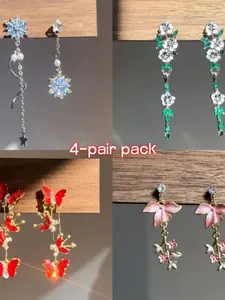 4 Pairs Vintage Antique Drop Flower Cluster Earrings, Retro Style Ear Accessories, Elegant Fashion Jewelry for Women