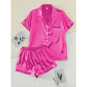 [Valentine's Day]Women's Two-piece Shirt & Shorts Satin Pajamas Set, Ladies Summer Sleepwear