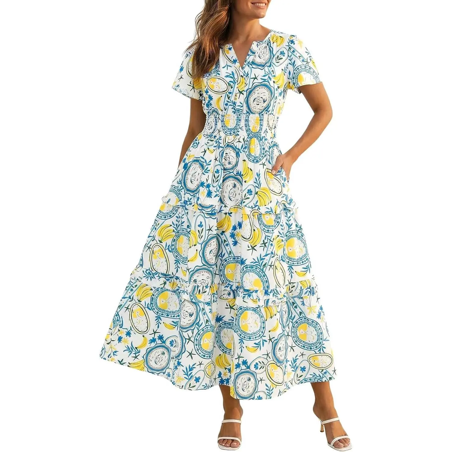 Fessceruna Womens Summer Short Sleeve Maxi Dresses Casual Floral V Neck Smocked Tiered Flowy Boho Beach Sundress