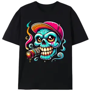 Skeleton Smoking Cigar With Hat Cartoon Summer T-Shirt, Unisex Streetwear Graphic Tee, Urban Skeleton Casual Shirt for Skate & Street