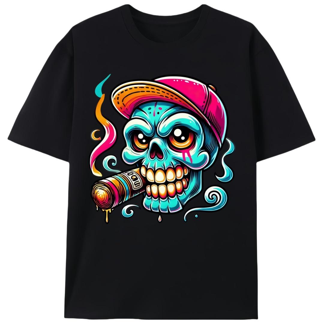 Skeleton Smoking Cigar With Hat Cartoon Summer T-Shirt, Unisex Streetwear Graphic Tee, Urban Skeleton Casual Shirt for Skate & Street