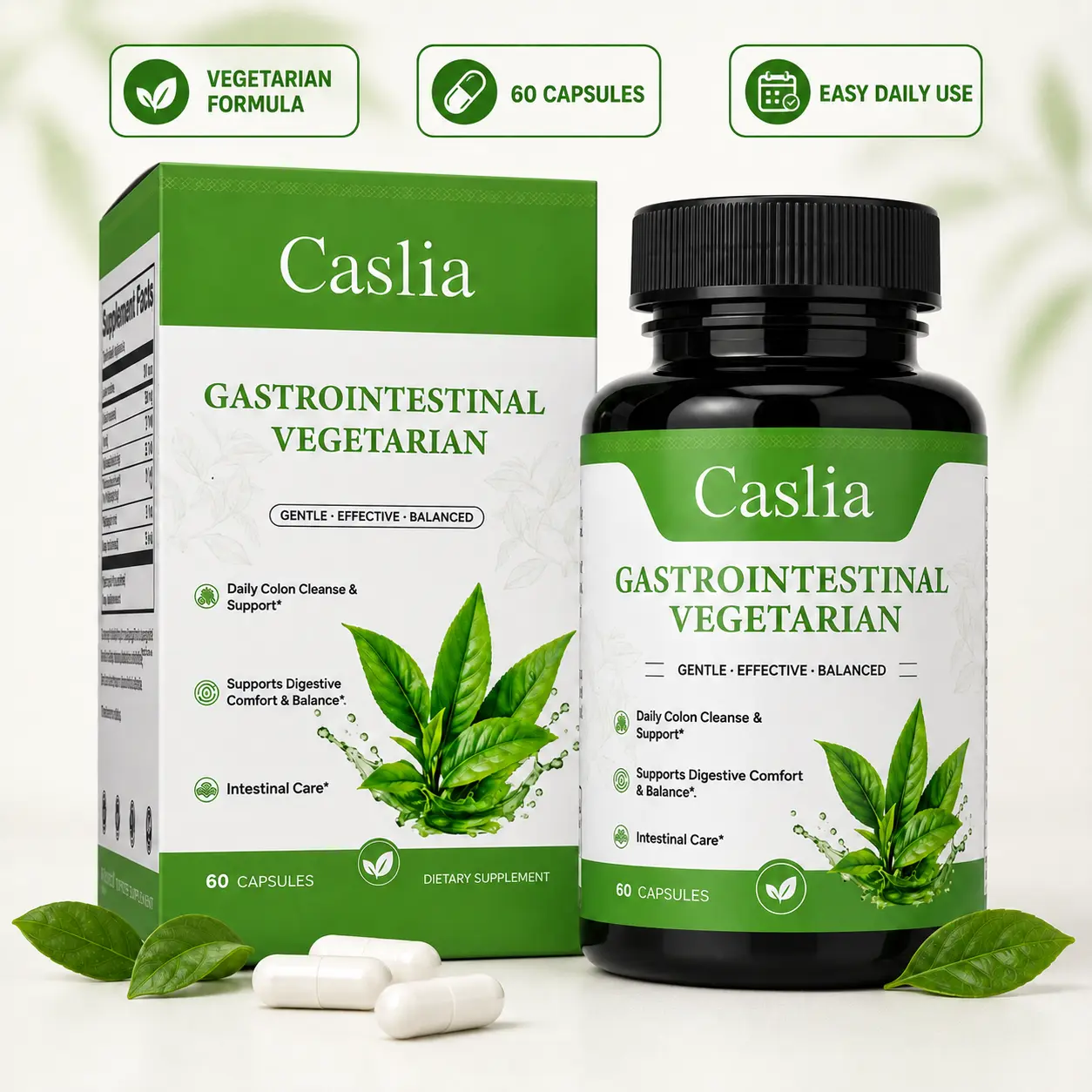 Daily Digestive Support Supplement for Adults, Vegetarian Herbal Fiber Blend with Psyllium Husk, Senna, Aloe & Ginger, 60 Capsules complete gut health regularity digestion cleanse caslia gut health