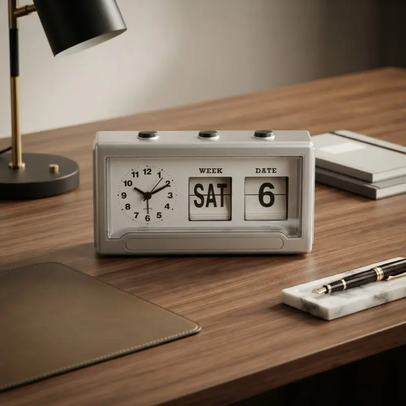 Quartz Table Alarm Clock - Analog Design with Date Display, AA Battery Powered, Available in Various Colors for Desk, Nightstand, Office Decor