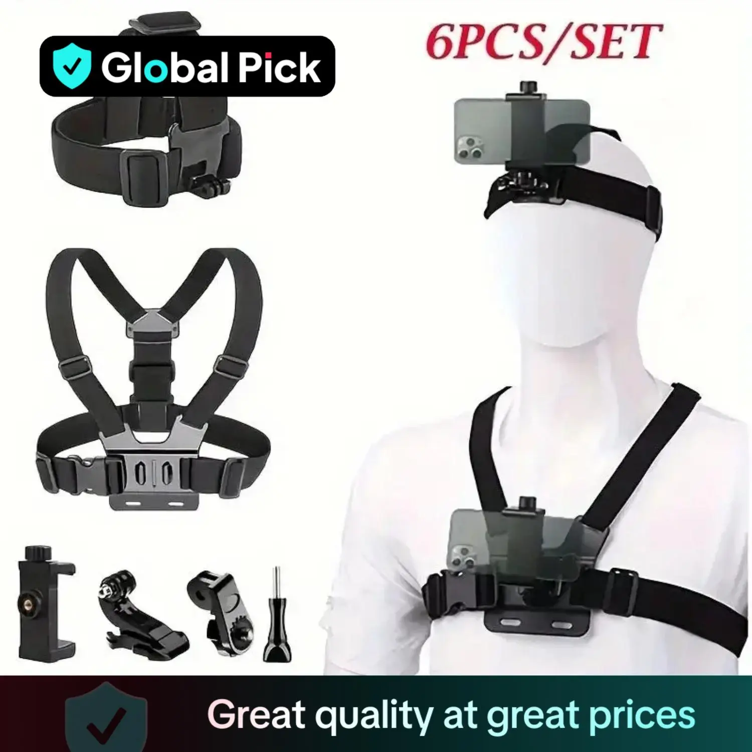 ABS Durable Action Camera Strap Set with Quick Setup Phone Clip & Stable Hold Fixing Mount, Universal for GoPro, Smartphone, Osmo Action, Adventure Sports Camera Accessories