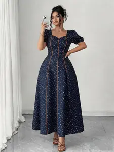 Plus Size Ditsy Floral Dress with Square Neck and Puff Sleeves, Fishbone Waist Fitted Long Dress, French Vintage Style Casual Wear for Summer, Parties, Beach, Office