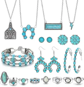 Turquoise  for Women Western Turquoise Necklace Dangle Earrings Boho Bracelet and Knuckle Rings Bohemian Western  Set for Women