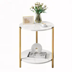 Luxury White & Golden Marble Coffee Table, Round Glass Top Double-Layer Storage, Short for Small Spaces Apartment Easy Assembly
