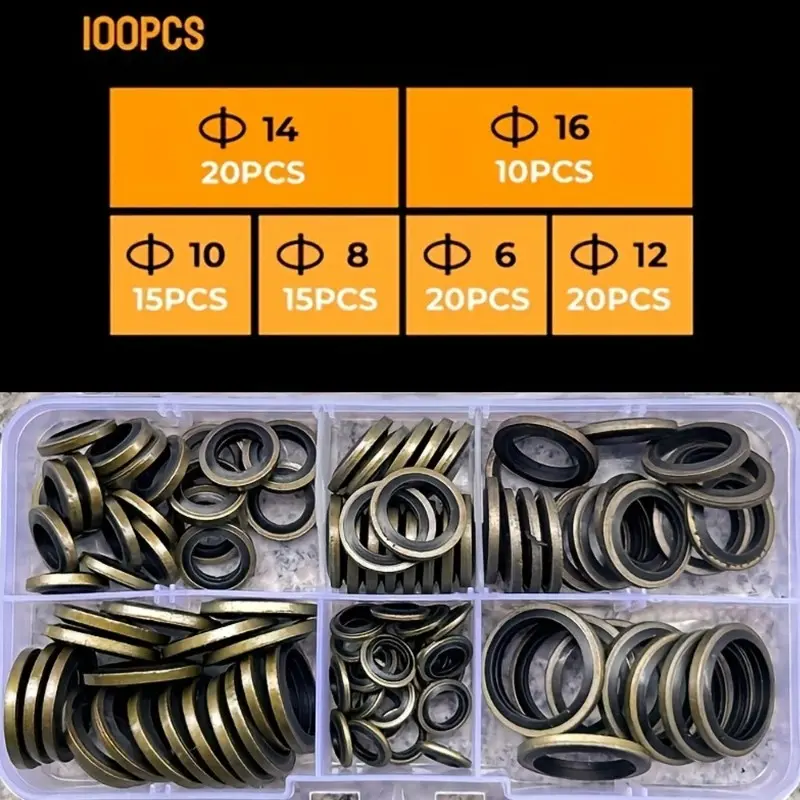 100pcs Combination Pad Repair Box Sealing Pad Oil Pan Gasket Drain Plug Washer High Pressure Hose Pad Glue Bag Ring 6-16 Mechanical Hardware Fluid Seals Parts