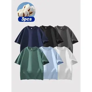3PCS 100% cotton Crew Neck T-Shirts Set - Soft Loose Fit Navy Gray Black Tees for Casual Daily Wear