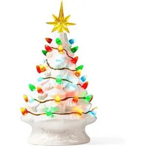 12" White Christmas Ceramic Tree, Light up Tabletop Xmas Tree with 49 LED Lights, Ceramic Decor with Christmas Design, Xmas Holiday Indoor Office Table Centerpiece Decoration