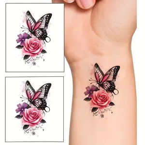 Elegant Temporary Tattoos, Waterproof Temporary Tattoos, 2 Sheets Butterfly & Rose Heart Designs, Realistic Body Art Stickers for Parties, Decor & Favors