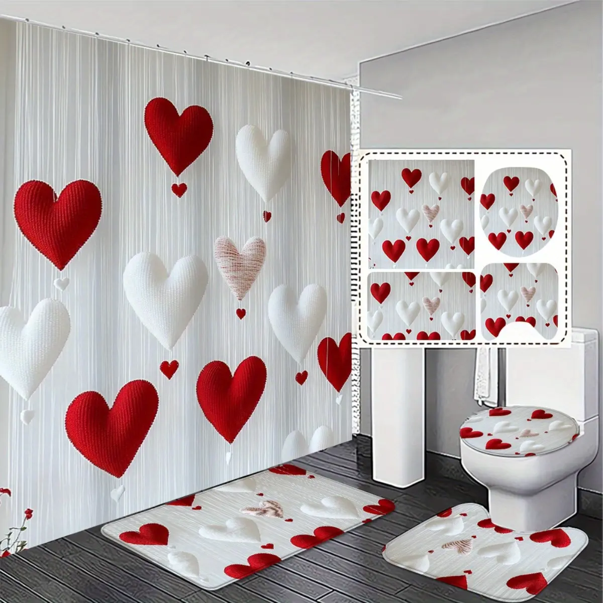 2D Flat, 1/4pc, Romantic Heart-Print 2D FLAT Shower Curtain with Non-Slip Absorbent Bath Rugs Mat Bathroom Sets Full Set and 12 C-Hooks Exquisite and Practical Home Decoration Gift, 2D Flat