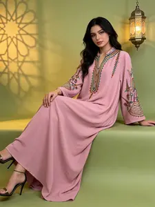 Elegant Muslim Women's Long Robe with Colorful Embroidery, Perfect for All Seasons, Stylish and Comfortable Clothing
