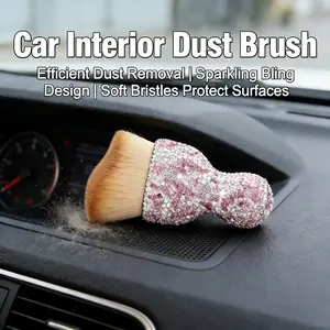 Car Interior Cleaning Brush with Bling Rhinestone Handle - Soft Bristle Auto Dust Brush for Crevices, Vents, Cup Holders & Dashboard - Portable Car Detailing Tool for Women
