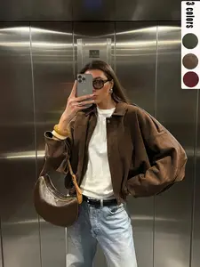 Women Fall Winter Loose Fitted Soft Suede Jacket Short Batwing Sleeve Bomber Coat Plain Leather Look Top Zipper Neckline Long Sleeve Vintage Everyday 2026