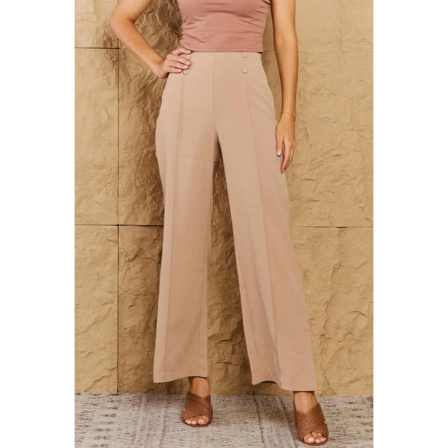 HYFVE Pretty Pleased High Waist Pintuck Straight Leg Pants in Camel