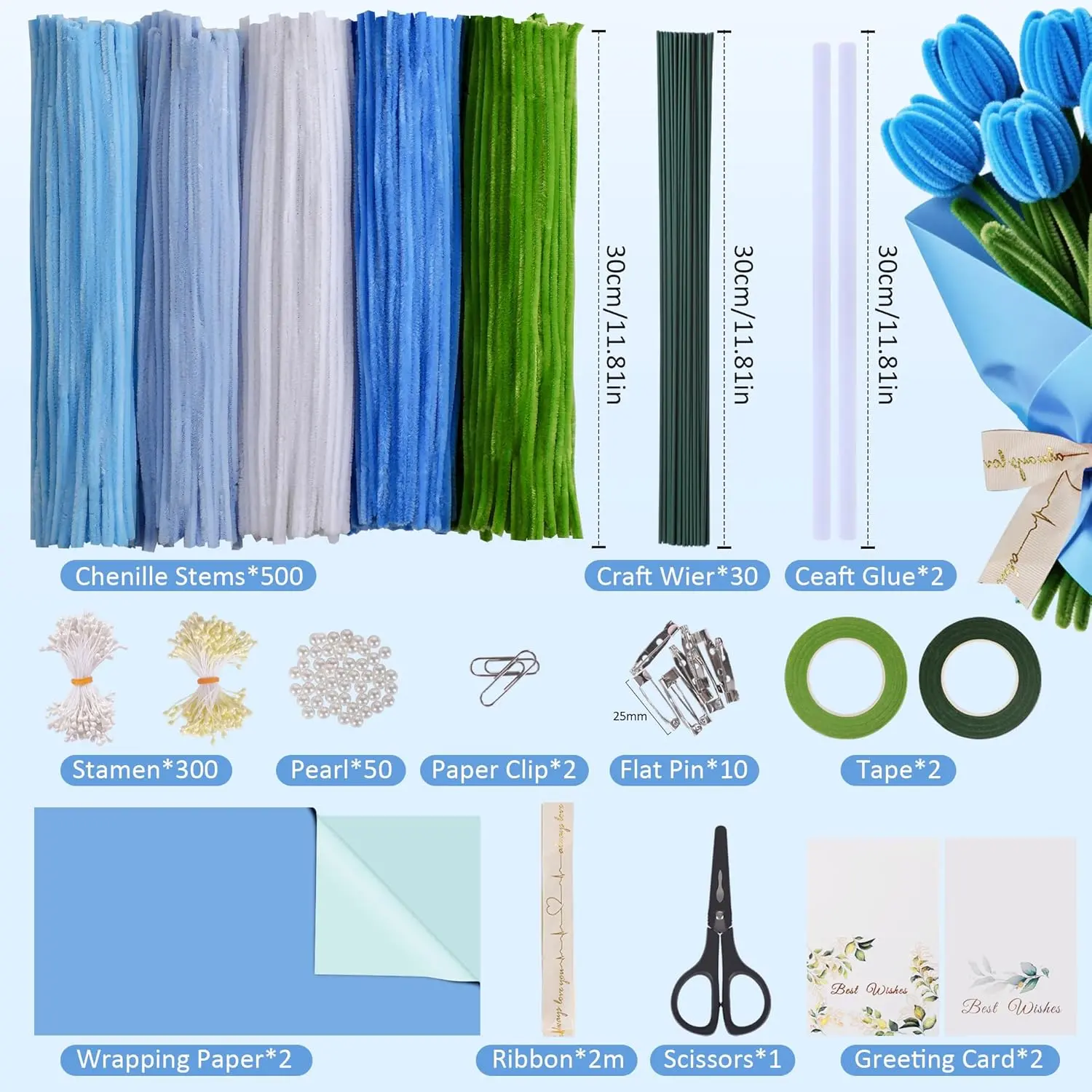 500-Pcs Pipe Cleaners Craft Kit for Flower Making - 8mm Chenille Stems, Step-by-Step Tutorial, Floral Wire, Ribbon, Tools, Glue Sticks for Teens' Desk, Mother’s Day, Valentine’s Day Handmade Gifts/Decor (Blue) - Home Improvement Building Supplies