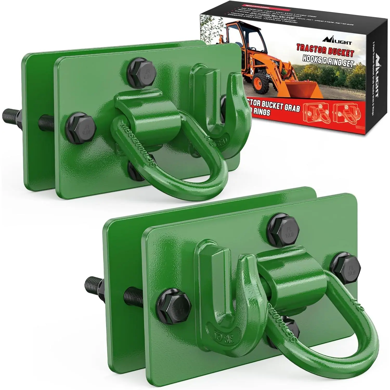 Nilight 2PCS Tractor Bucket Hooks Complete Kit - Bolt-On Grade 70 Forged Carbon Steel 3/8'' Grab Hooks, Anti-Corrosion Tie-Down Rings, Back Plates, 15,000 lbs High-Strength Load-Bearing MBS, Easy Installation, Towing Power, 2-Year Durability for Tractors