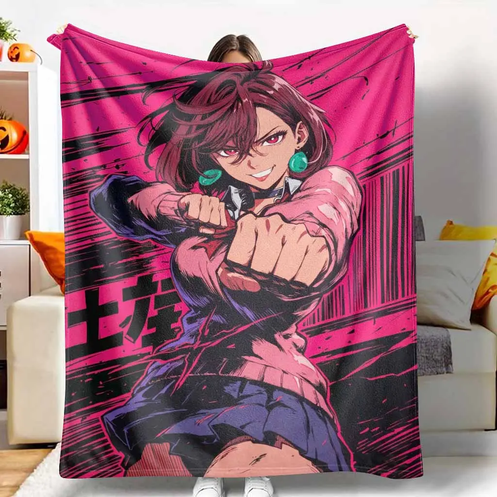 Anime Girl Japanese Manga Printed Flannel Blanket - Vibrant Pink and Black Art, Soft Throw, Fluffy Cozy, Breathable Warm, Decorative for Living Room, Birthday Gift for Anime Fans, Birthday Gifts Blanket
