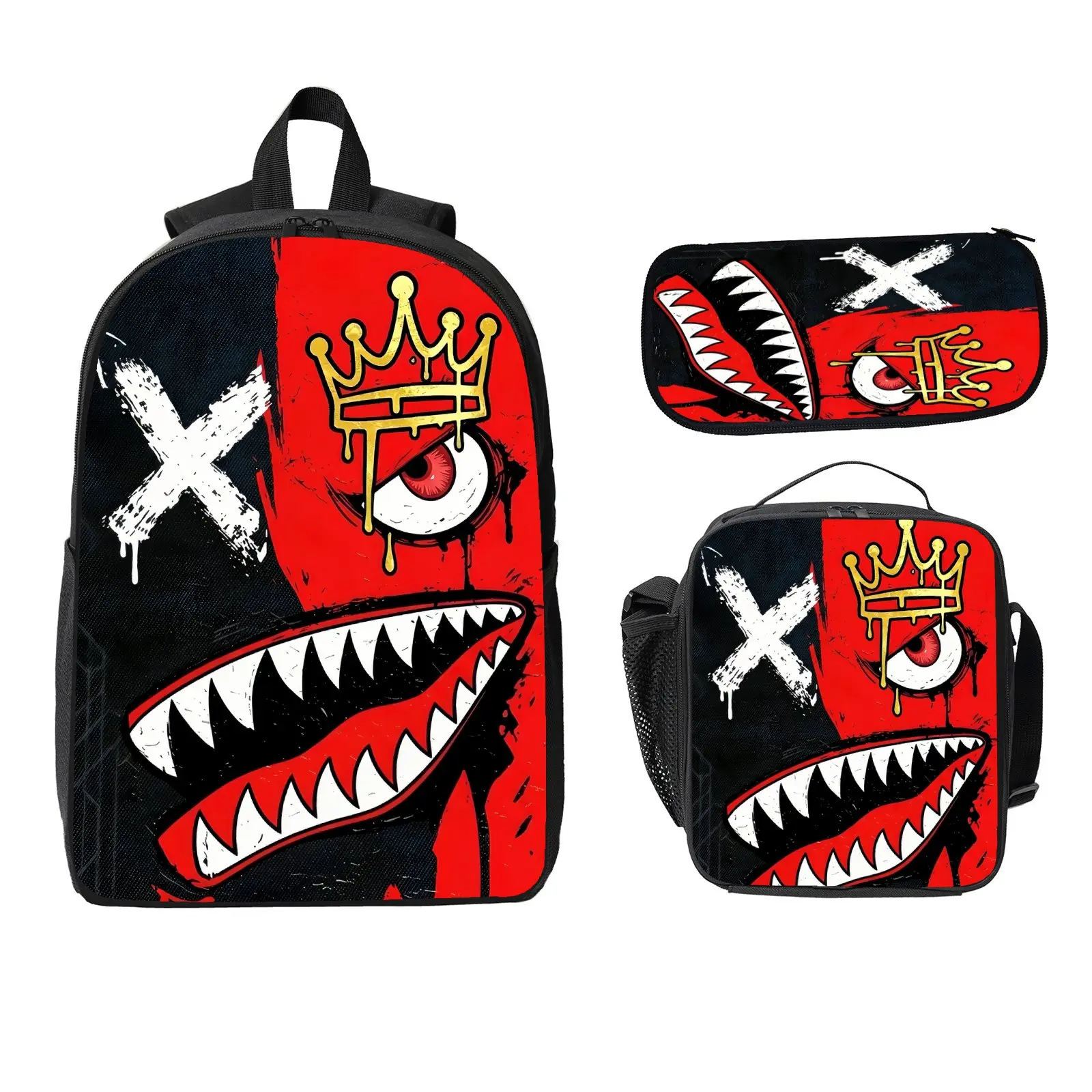 School Backpack 3-Piece Set for Kids & Teens with Large Capacity Backpack, Insulated Lunch Bag & Pencil Case, Hip hop Urban Street Style Graffiti Shark Mouth  for Travel and Daily Use