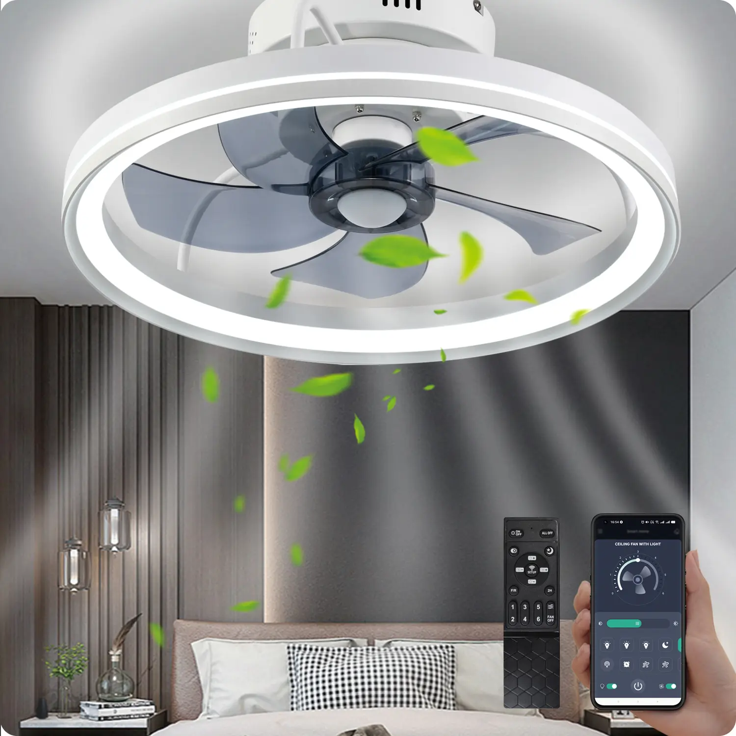 【Clearance】BaySquirrel Bladeless Low Profile Flush Mount Ceiling Fan Light with 30W LED Lights, Ambient Dimmable Mood Lighting, Bluetooth Speaker, App & Remote Control, DC Power Supply, Indoor Use, Bulb Included, Quiet Decoration
