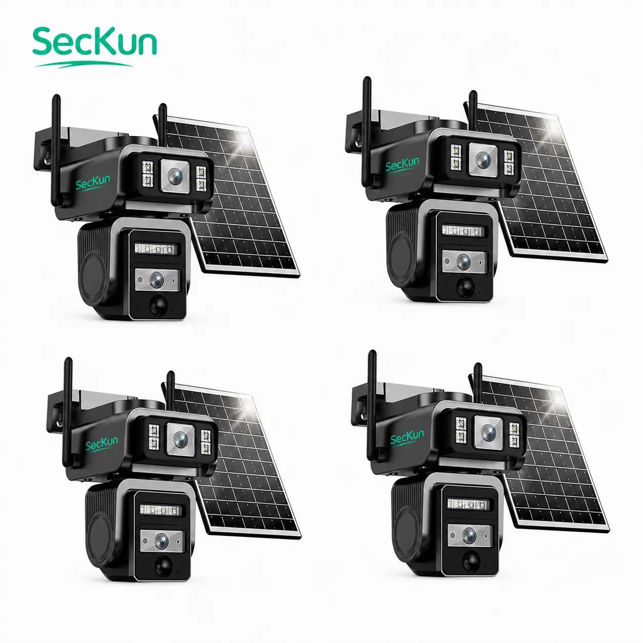 4-Pack Dual-Lens Solar Security Camera Bundle | 2K WiFi Outdoor Cameras with 360° PTZ, AI Human Detection, Auto Tracking, Color Night Vision, Two-Way Audio & Motion Alerts | No SIM Card Monthly Fee