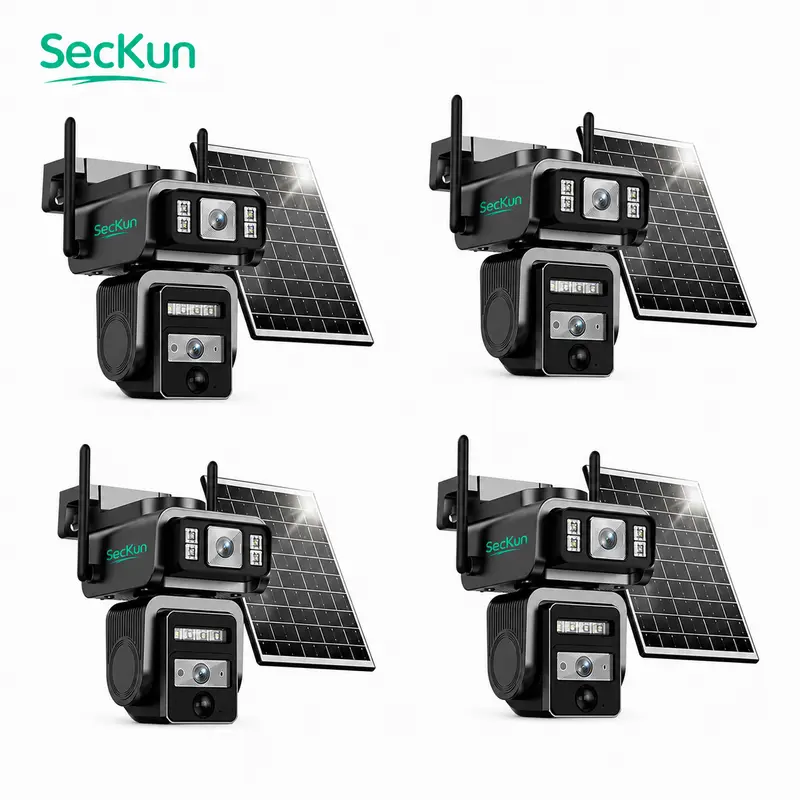 4-Pack Dual-Lens Solar Security Camera Bundle, 2K WiFi Outdoor PTZ Cameras with 360° Rotation, AI Human Detection, Auto Tracking, Color Night Vision, 2-Way Audio, Motion Alerts, Only 2.4GHz WiFi, No SIM Card Monthly Fee