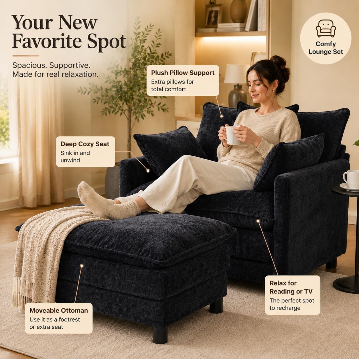 39.4" Modern Accent Chair with Ottoman, Living Room Club Chair Chenille Upholstered Armchair, Reading Chair for Bedroom (Black) 39.4" Modern Accent Chair with Ottoman, Living Room Club Chair Chenille Upholstered Armchair, Reading Chair for Bedroom (Black)