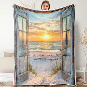 Beach Coastal Throw Blankets, Ocean Barn Door Nautical Sunrise Seaside Seascape Flannel Warm Soft Bed Couch Blanket, Rustic Wood Teal Turquoise Throws to Decorate The Room Bedroom