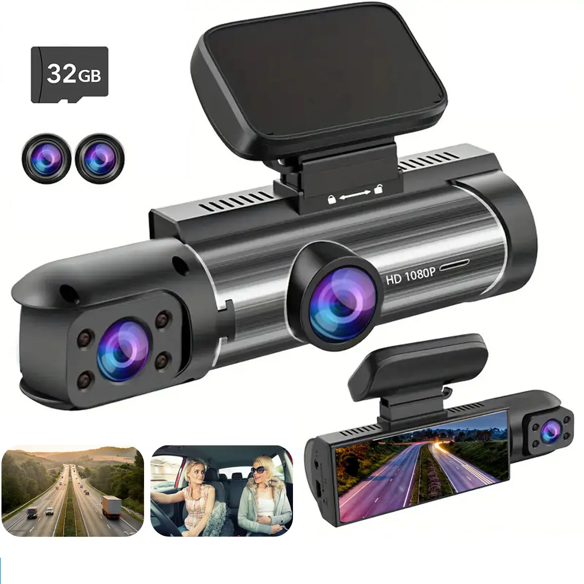 3.16inch Dual-Lens Dash Cam with Front and Rear Cameras GSensor HD Night Vision Wide-Angle Car DVR with 32GB Memory Card
