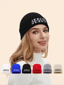 Unisex Embroidered Knit Hat with Jesus Pattern, Casual Outdoor Accessory, Perfect for Daily Wear & Outdoor Activities, Knitting Beanie