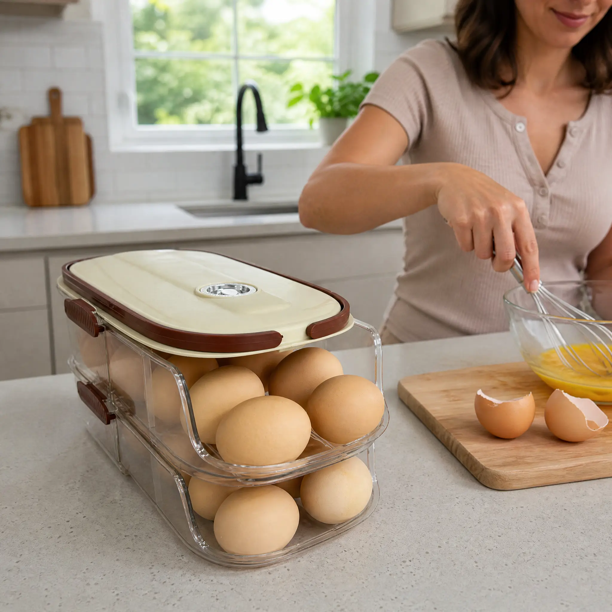 Automatic Rolling Egg Holder for Refrigerator, 2-Tier Gravity Fed Egg Dispenser, Space Saving Slim Egg Storage Container Tray for Fridge Kitchen Countertop