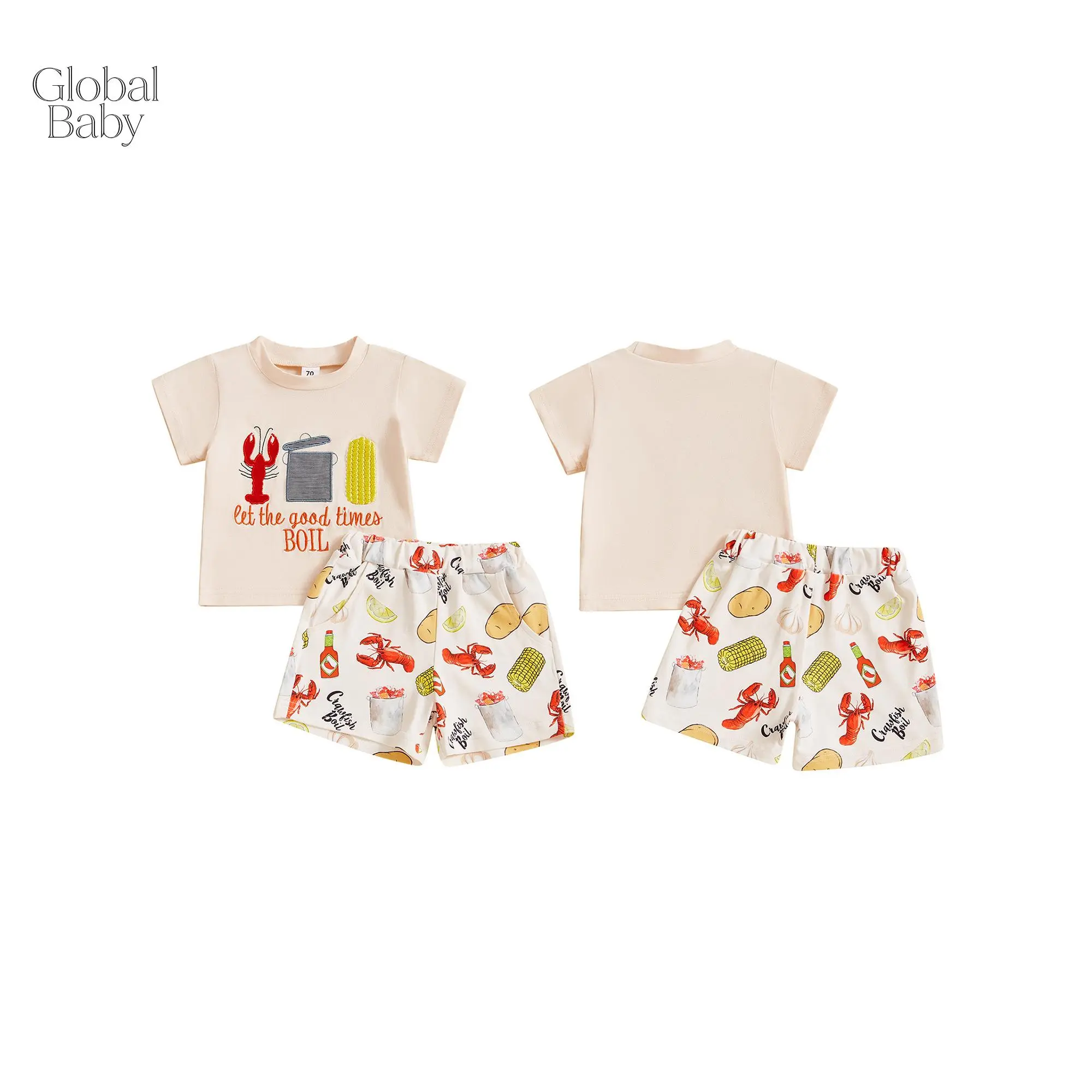 Global  Toddler Girl Summer 2Pcs Clothes Set Lobster Letter Embroidered Short Sleeve T-Shirts Elastic Waist Shorts Kids Summer Outfit, Short Sleeve Crew Neck Embroidery T-shirt with