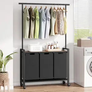 【GARVEE】Laundry Sorter with 3 Sections, Hanging Rack, Rolling Cart on Wheels, Pull-Out Removable Basket, and Shelf in Rustic Brown and Black - Organized Laundry Solution
