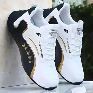 Men's Skateboarding Shoes - Low-top Sneakers, Black/White/Gold Accessories, Synthetic Leather Upper and Elastic PVC Sole, Suitable for Skateboarding, Fitness, Running, Daily Wear - All-season Lace-up Sneakers, Suitable for Urban Street Style and Outdoor