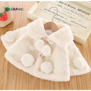 Baby Girl Winter Clothes Solid-Color Wide Lapel Long Batwing Sleeve Fur Coat Pearl Decoration Cloak