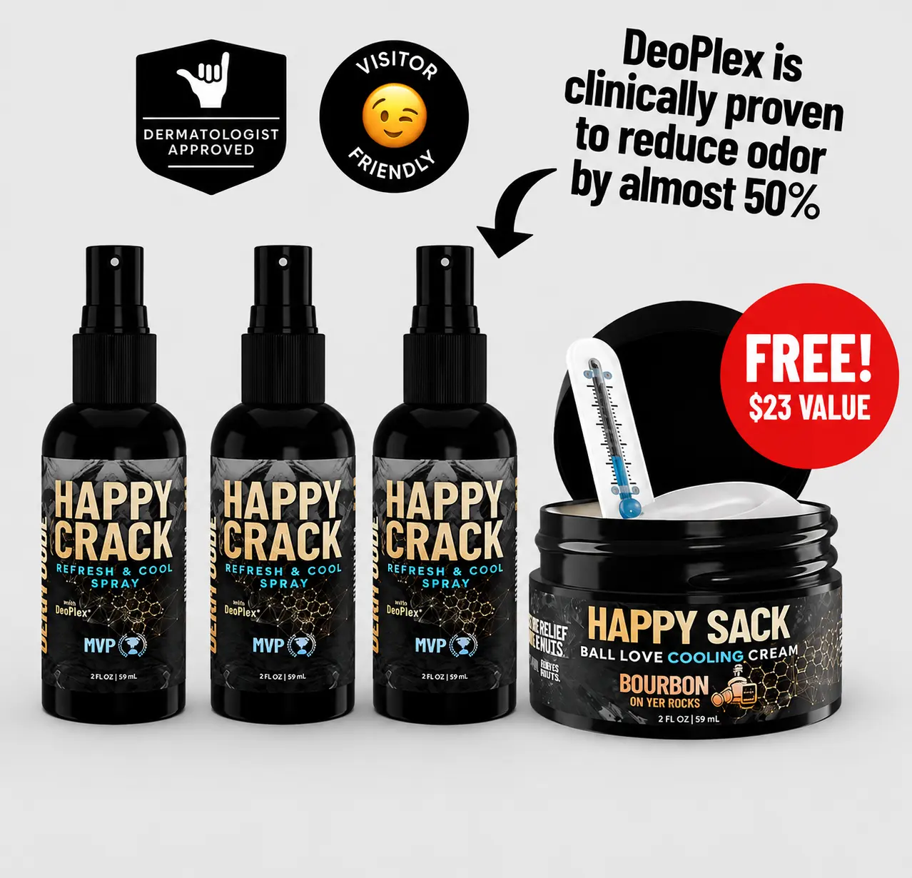 DERM DUDE Happy Crack (3-Pack) Refreshing and Cooling Spray, Butt Crack Odor Deodorizer