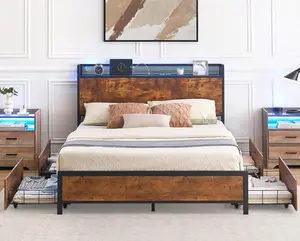 Bed Frame with Storage Drawers and Charging Station LED Light Full Bed Frame with Storage Headboard,Metal Platform Bed with Strong Wood Slats Support, No Box Spring Needed