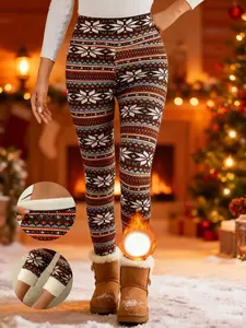 Women's Winter High Waist Plaid Fleece Lined Pants, Elastic Warm Lamb Velvet Nine-Point Leggings, Casual Fashion S-Xxl