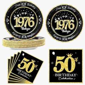 60 PCS Vintage 50th Birthday Plates and Napkins Set, 50th Birthday Decorations Black and Gold, Service for 30, 1976 Dessert Plates and Napkins Party Supplies for Men Women